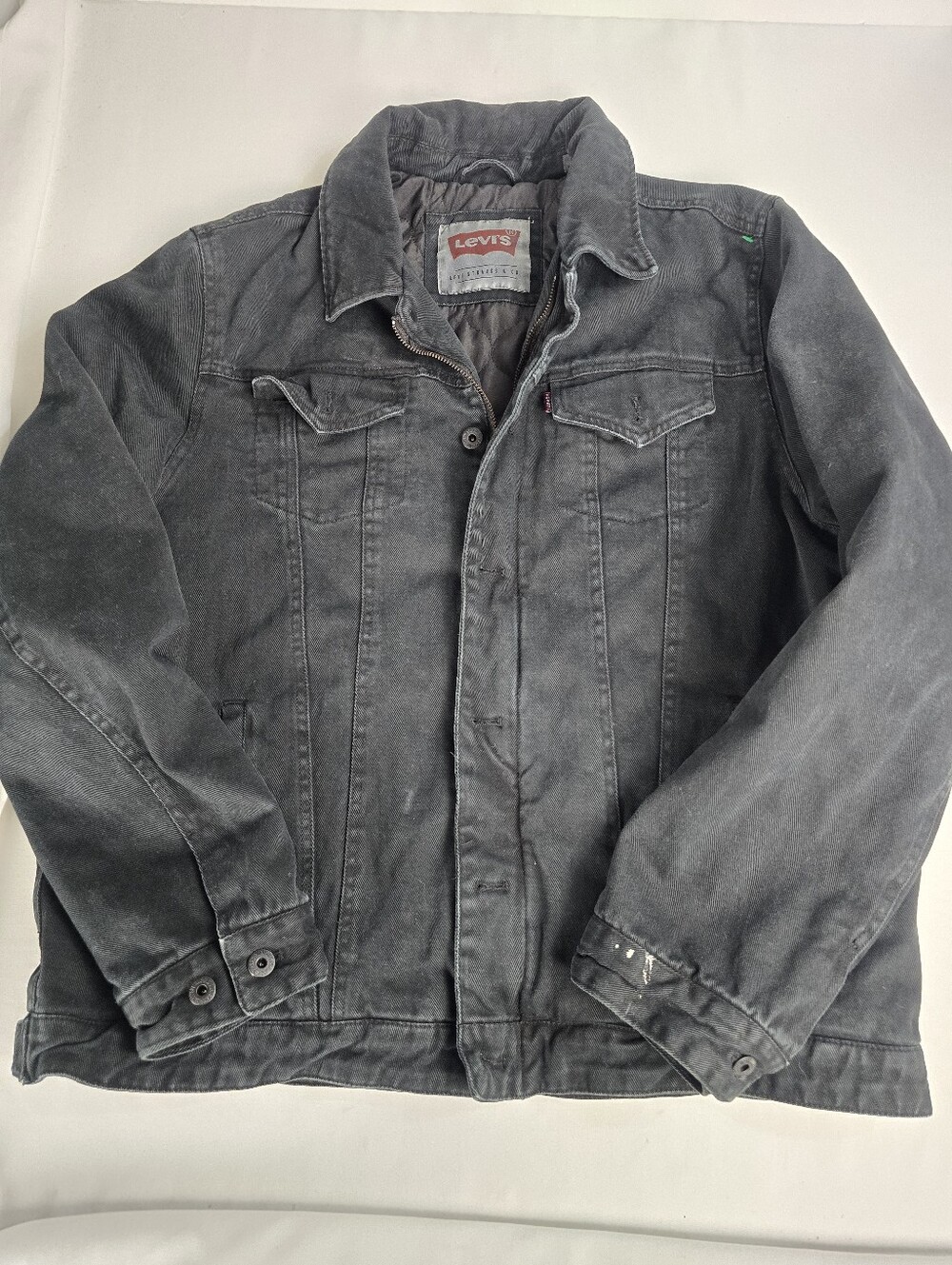 Levi's Black Trucker Blue Jean Denim Jacket Quilted Liner Size XL Zip And Snap